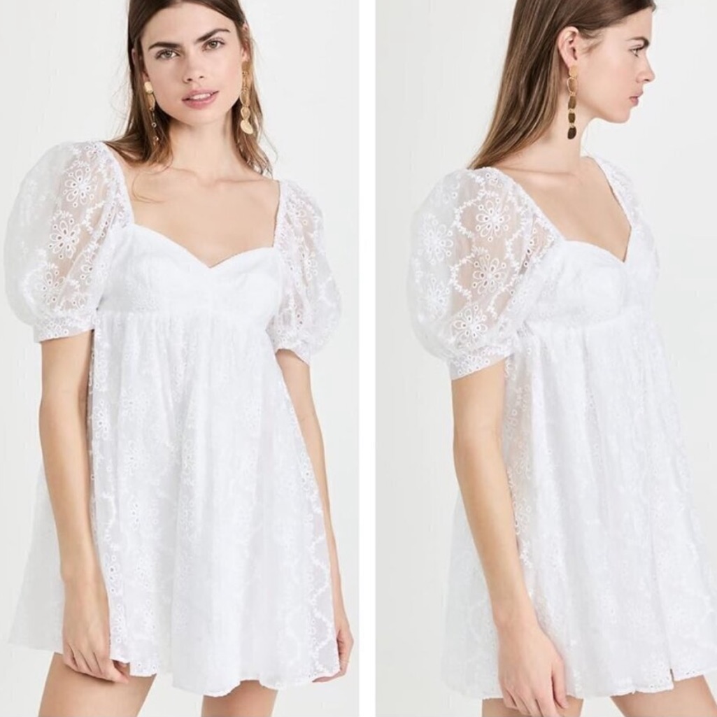Amanda Uprichard Candia Embroidered Eyelet Puff Sleeve Babydoll Mini Dress White